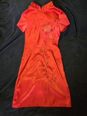 Yifa Jiamei Red Satin Mandarin Collar Cheongsam Dress Size 11 Floral Embroidered